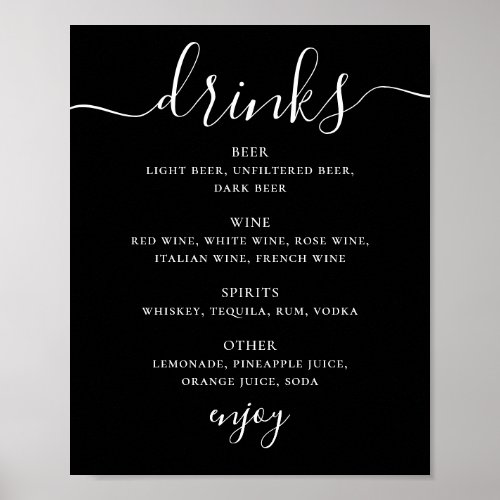 Black script wedding alcohol drinks bar menu poster