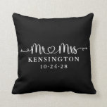 Black Script Wedding Heart Arrow Mr Mrs Throw Pillow<br><div class="desc">Script Wedding Heart Arrows Mr Mrs Throw Pillow personalized with the happy couple's last name,  & wedding date! Easy to customize for the perfect gift for weddings,  anniversaries,  first Christmas,  engagement,  etc. Please contact us at cedarandstring@gmail.com if you need assistance with the design or matching products.</div>