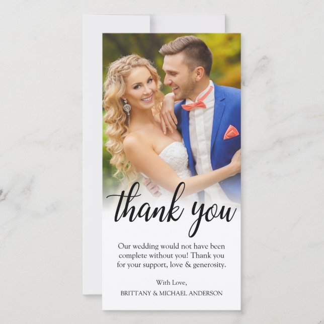 Black Script Wedding Photo Bride Groom Thank You Card (Front)