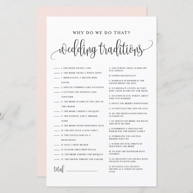 Black Script Wedding Traditions Bridal Shower Game (Front/Back)