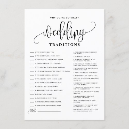 Black Script Wedding Traditions Bridal Shower Game Enclosure Card