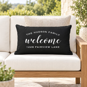 Black Script Welcome Monogram Porch Lumbar Pillow