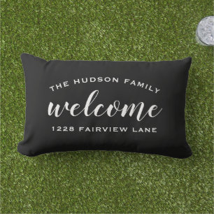 Black Script Welcome Monogram Porch Lumbar Pillow
