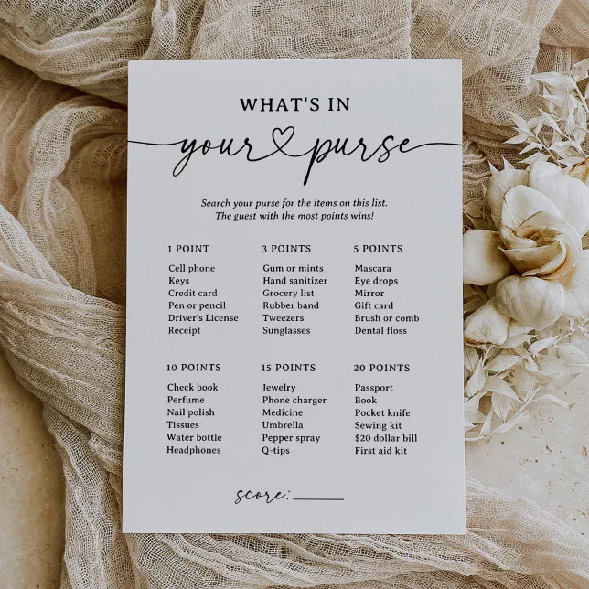 Black Script What's In Your Purse Baby Shower Game Invitation | Zazzle