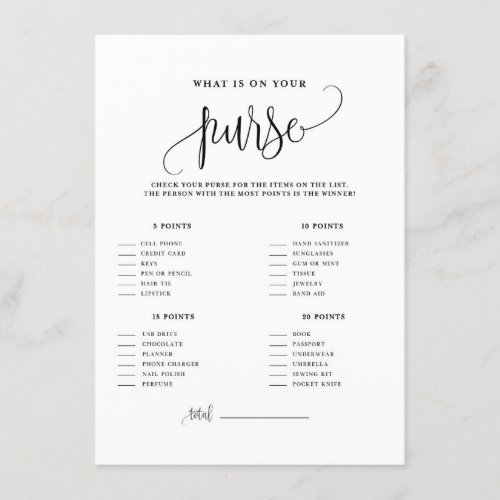 Black Script Whats in Your Purse Shower Game Enclosure Card