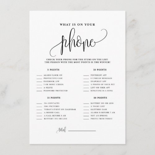 Black Script What's on Your Phone Shower Game Enclosure Card