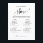 Black Script What's on Your Phone Shower Game Enclosure Card<br><div class="desc">What's on your phone? Modern shower phone game featuring modern calligraphy and classic typography. Personalize by adding name,  event and date. This script "What's on your phone" game card is also perfect for bridal showers,  baby showers and wedding parties.</div>