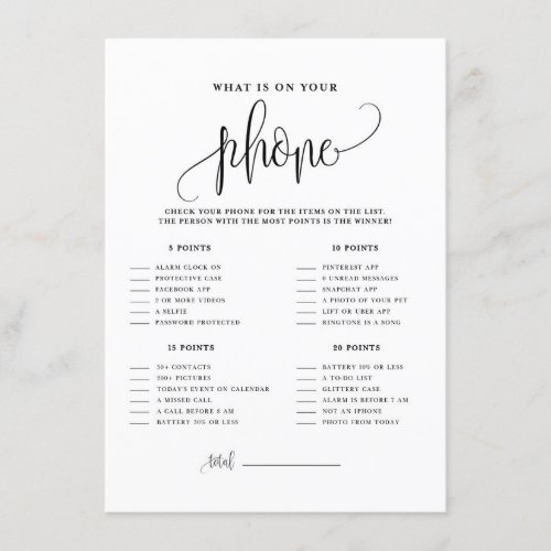 Black Script Whats on Your Phone Shower Game Enclosure Card