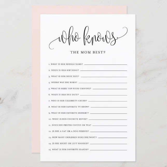 Black Script Who Knows Mom Best Baby Shower Game | Zazzle