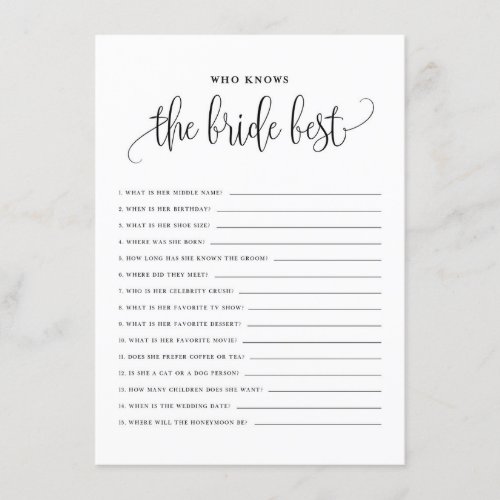 Black Script Who Knows the Bride Best Shower Game Enclosure Card