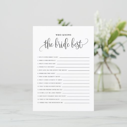 Black Script Who Knows the Bride Best Shower Game Enclosure Card | Zazzle