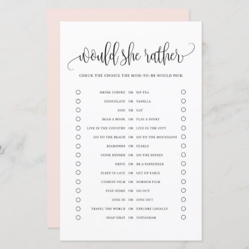 Black Script Would She Rather Baby Shower Game