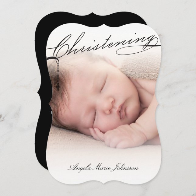 Black Scripted Christening Cross Photo Religious Invitation (Front/Back)
