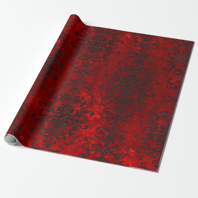 Black Scroll Designs on Shades of Red Wrapping Paper (Unrolled)