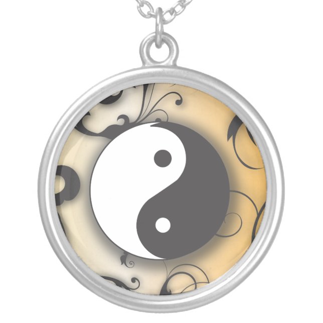 Black Scrolling and Yin & Yang Silver Plated Necklace (Front)