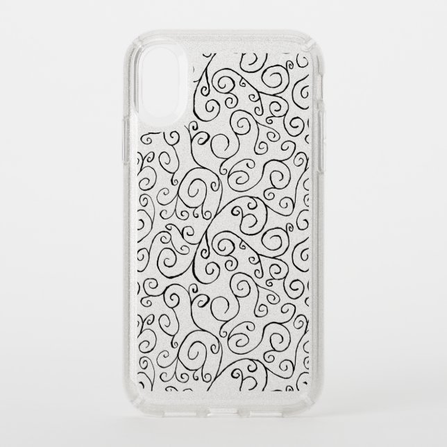 Black Scrolling Curves Abstract Pattern Glitter Speck iPhone XR Case (Front)