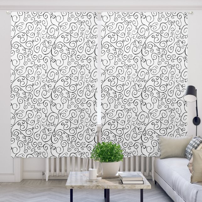 Black Scrolling Curves on White Abstract Pattern Blackout Curtains (Living Room)
