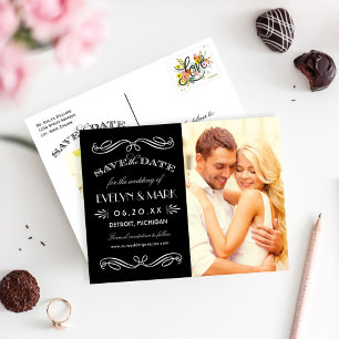 Black Scrollwork Split Photo Save the Date Announcement Postcard