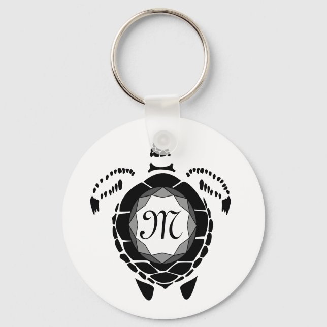 Black Sea Turtle Silhouette Customized Monogram Keychain (Front)