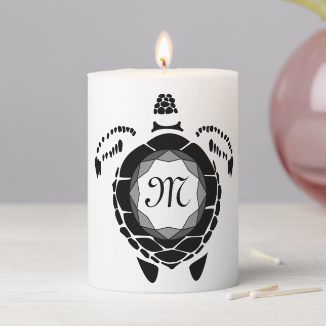 Black Sea Turtle Silhouette Customized Monogram Pillar Candle (In Situ)