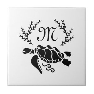 Black Sea Turtle Silhouette Side View Ceramic Tile