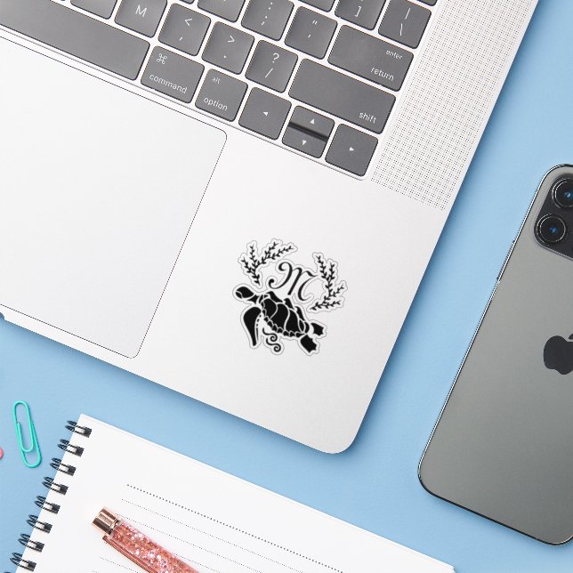 Black Sea Turtle Silhouette Side View Contour Sticker (Laptop w/ iPhone)