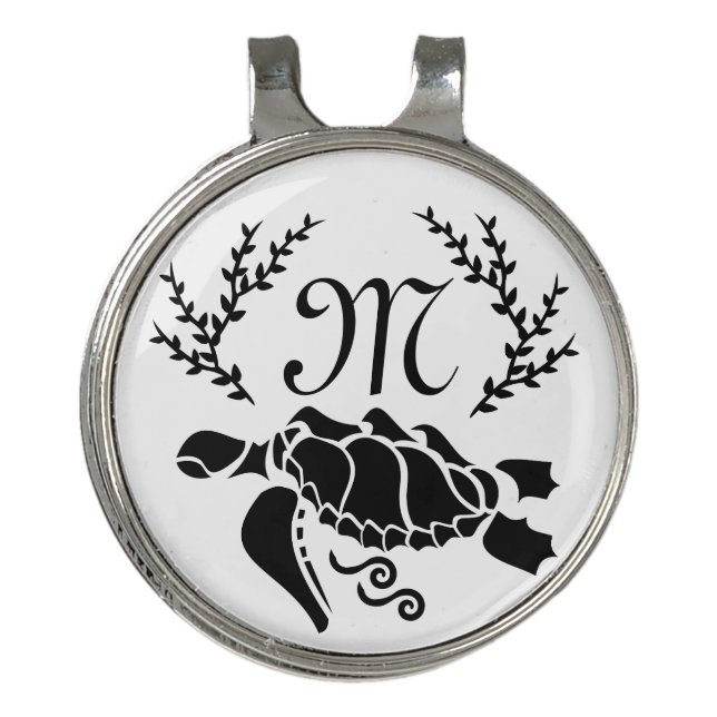 Black Sea Turtle Silhouette Side View Golf Hat Clip (Front)