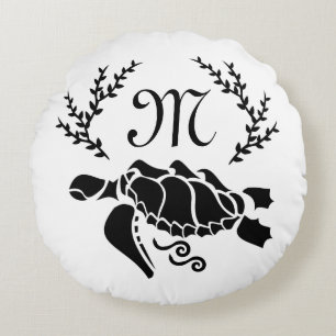 Black Sea Turtle Silhouette Side View Round Pillow