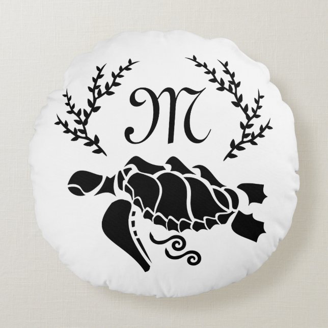 Black Sea Turtle Silhouette Side View Round Pillow (Front)