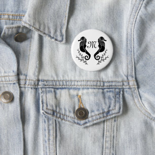 Black Seahorse Silhouette Monogram Button