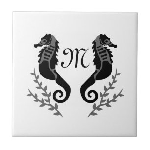 Black Seahorse Silhouette Monogram Ceramic Tile
