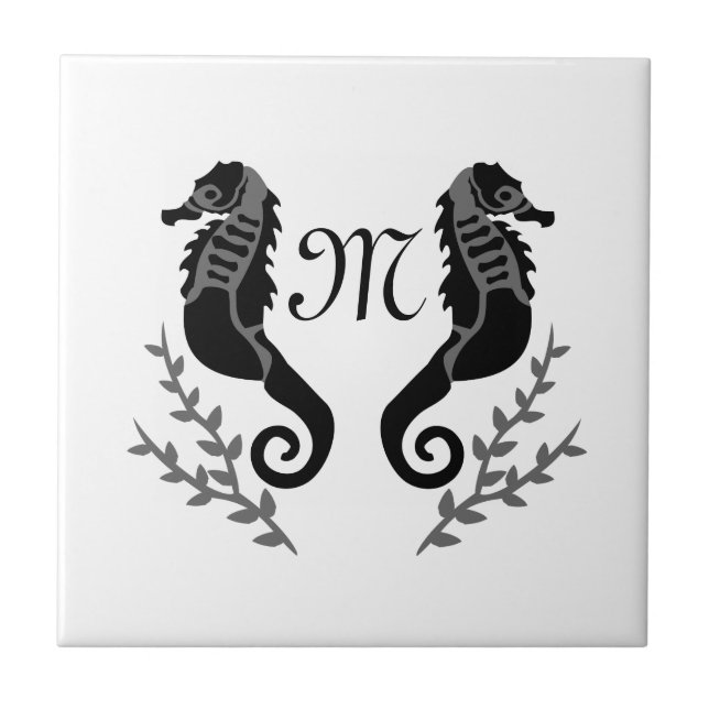 Black Seahorse Silhouette Monogram Ceramic Tile (Front)