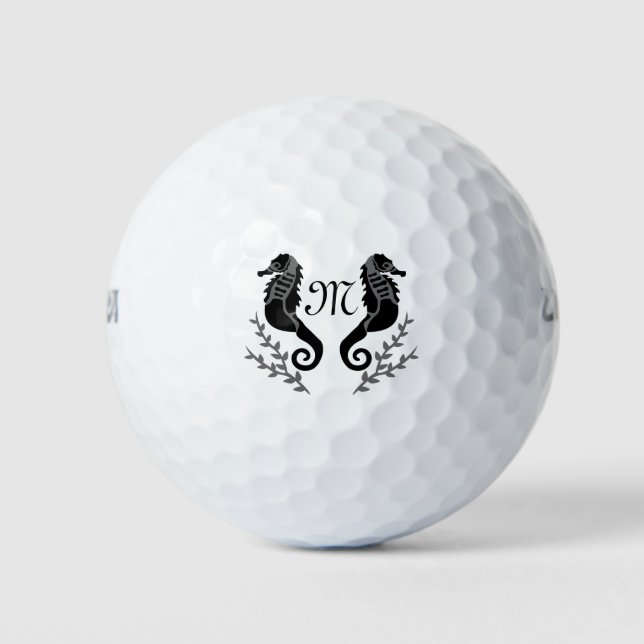 Black Seahorse Silhouette Monogram Golf Balls (Front)