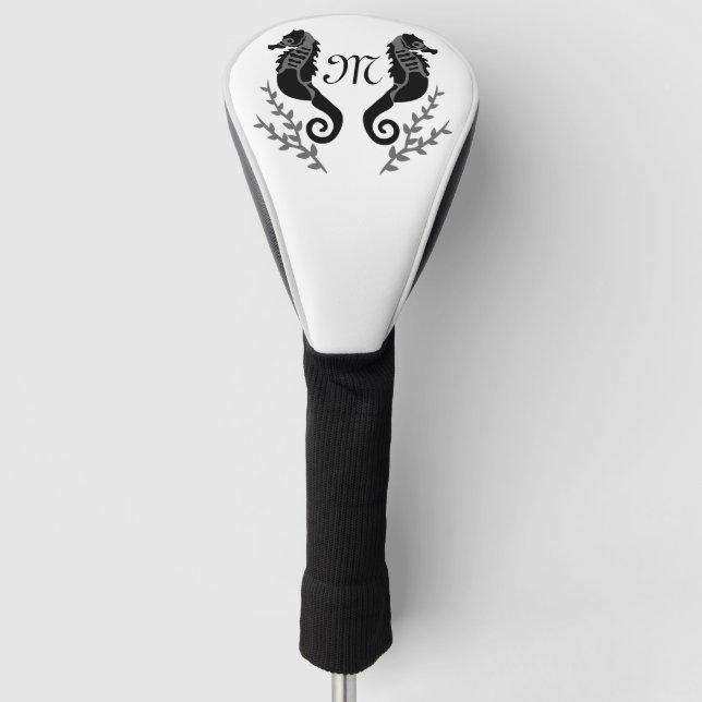 Black Seahorse Silhouette Monogram Golf Head Cover (Front)