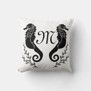 Black Seahorse Silhouette Monogram Throw Pillow