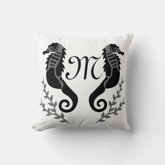 Black Seahorse Silhouette Monogram Throw Pillow (Front)
