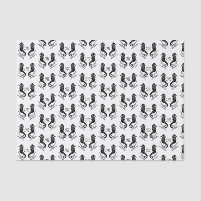 Black Seahorse Silhouette Monogram Tissue Paper (Front)