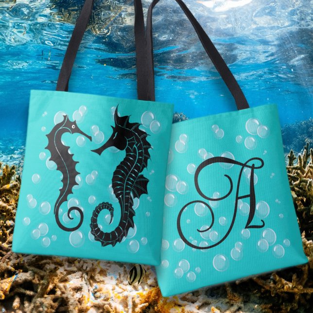 Black Seahorses Monogram Initial Tote Bag (Creator Uploaded)