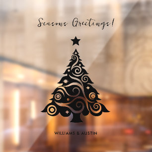 Black Seasons Greetings Christmas Tree Business Window Cling