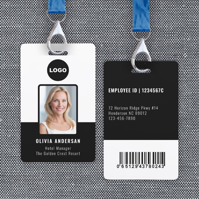 Black Security Staff Photo ID Bar Code Badge (Black Employee Photo ID Bar Code Company Security Badge)