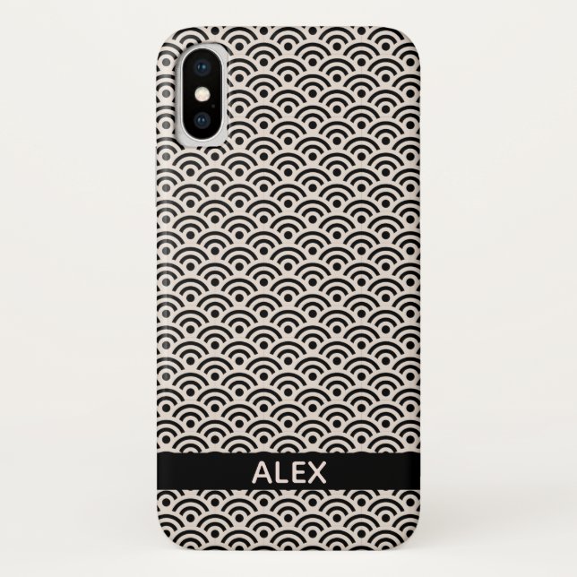 Black Seigaiha Japanese Pattern Personalized Name Case-Mate iPhone Case (Back)