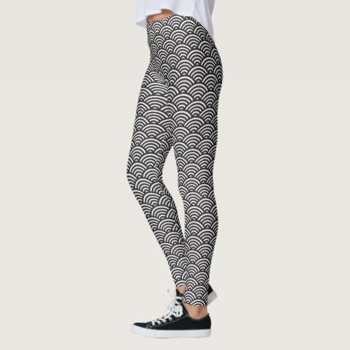 Black Seigaiha Japanese Wave Pattern Leggings