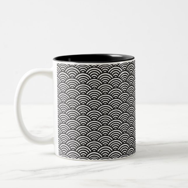 Black Seigaiha Japanese Wave Pattern Two-Tone Coffee Mug (Left)