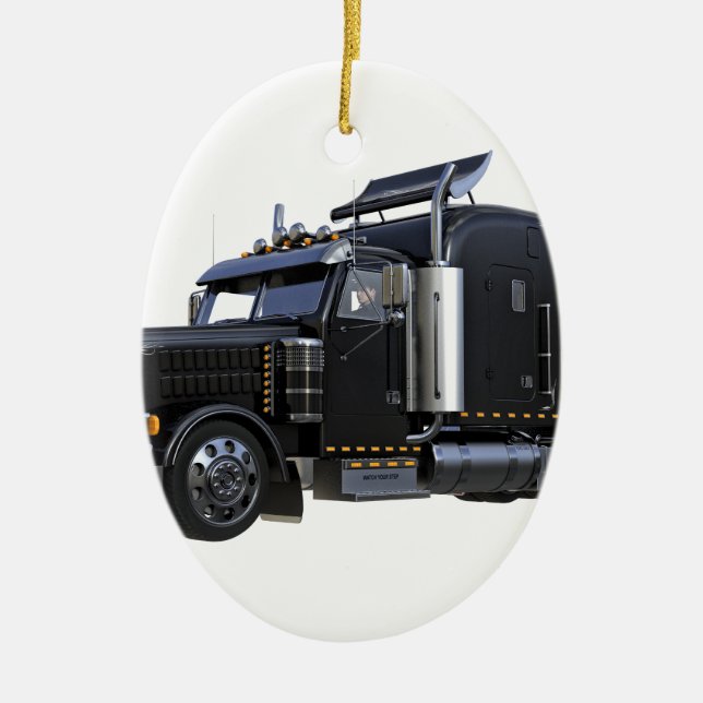 Black Semi Tractor Trailer Truck Ceramic Ornament (Front)
