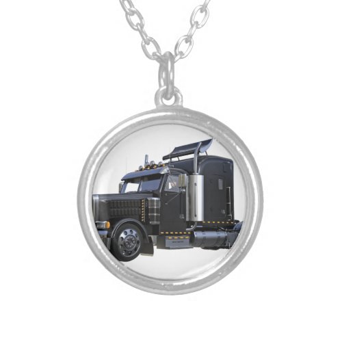 Black Semi Tractor Trailer Truck Silver Plated Necklace