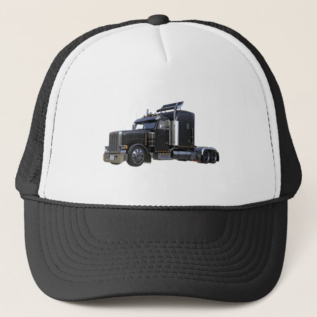 Black Semi Tractor Trailer Truck Trucker Hat (Front)