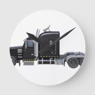 Black Semi Truck with Full Lights In Side View Round Clock