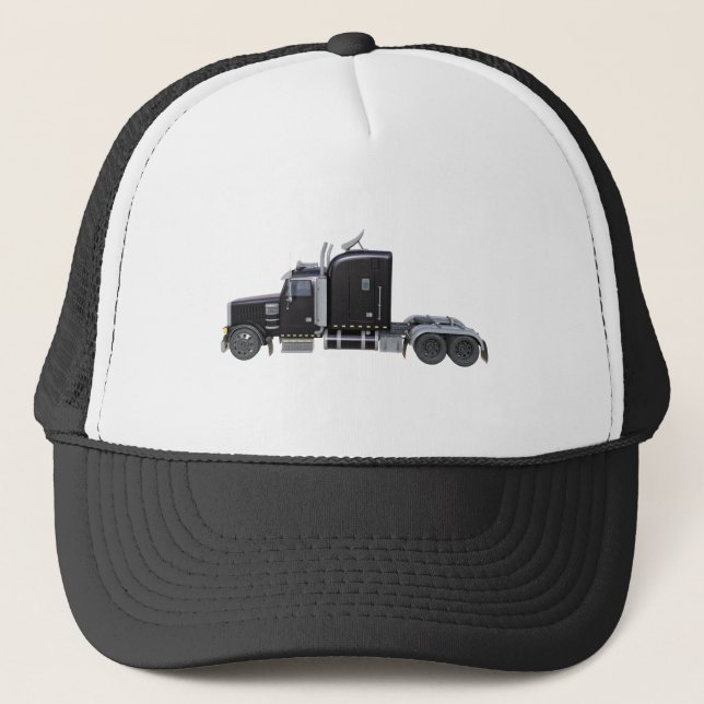 Black Semi Truck with Full Lights In Side View Trucker Hat (Front)