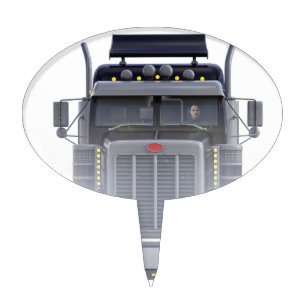 Black Semi Truck with Lights On in Front View Cake Topper