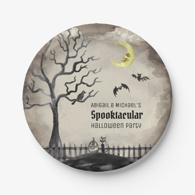 Black & Sepia Spooky Scene Halloween Party Paper Plates (Front)